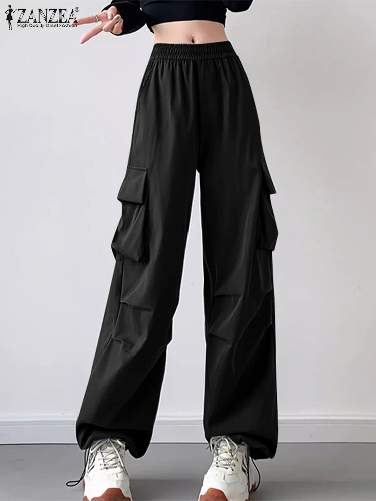 

ZANZEA Women Elastic Waisted Pantalons Holiday Cargo Pants Casual Loose Solid Color Straight Trouser 2025 Summer Pockets Bottoms