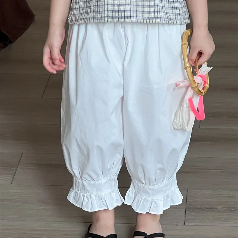 2025 Summer New Children Splicing Ruffle Edge Pants for Girls and Babies Elegant Solid Mosquito Prevention Cropped Pants