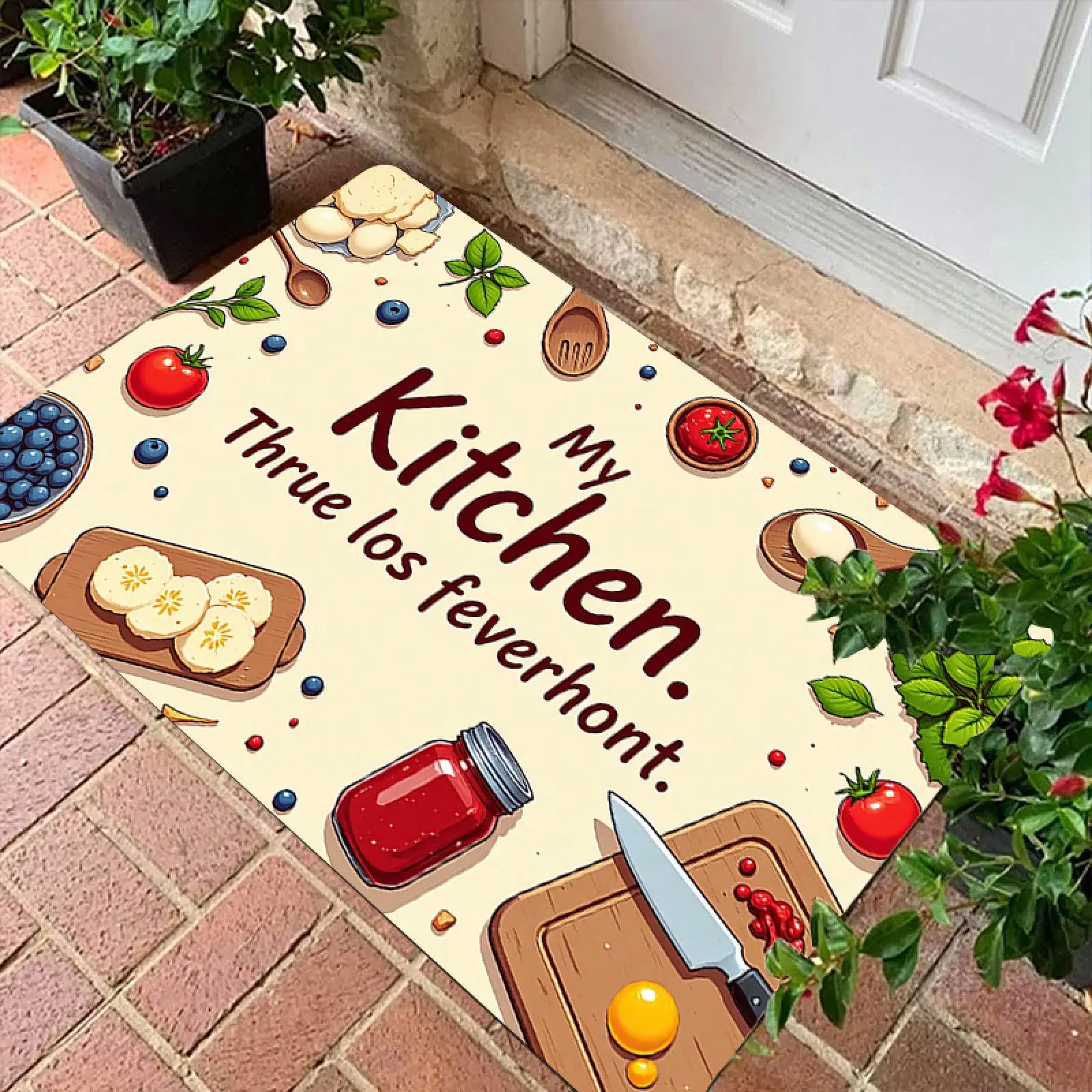 1pc Non-Slip Fruit & Vegetable Kitchen - Strawberry Tomato Leaf Pattern Indoor/Outdoor Door, Beige/Brown Durable Polyester Floor Balcony, Entrance, Home Decor