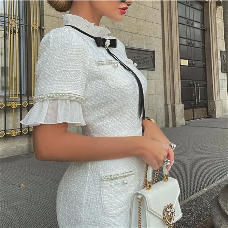 Women Elegant Delicate New Slim Round Neck Short Sleeves Bow Ruffle Hem Beaded Formal Fragrant Breeze White Dress