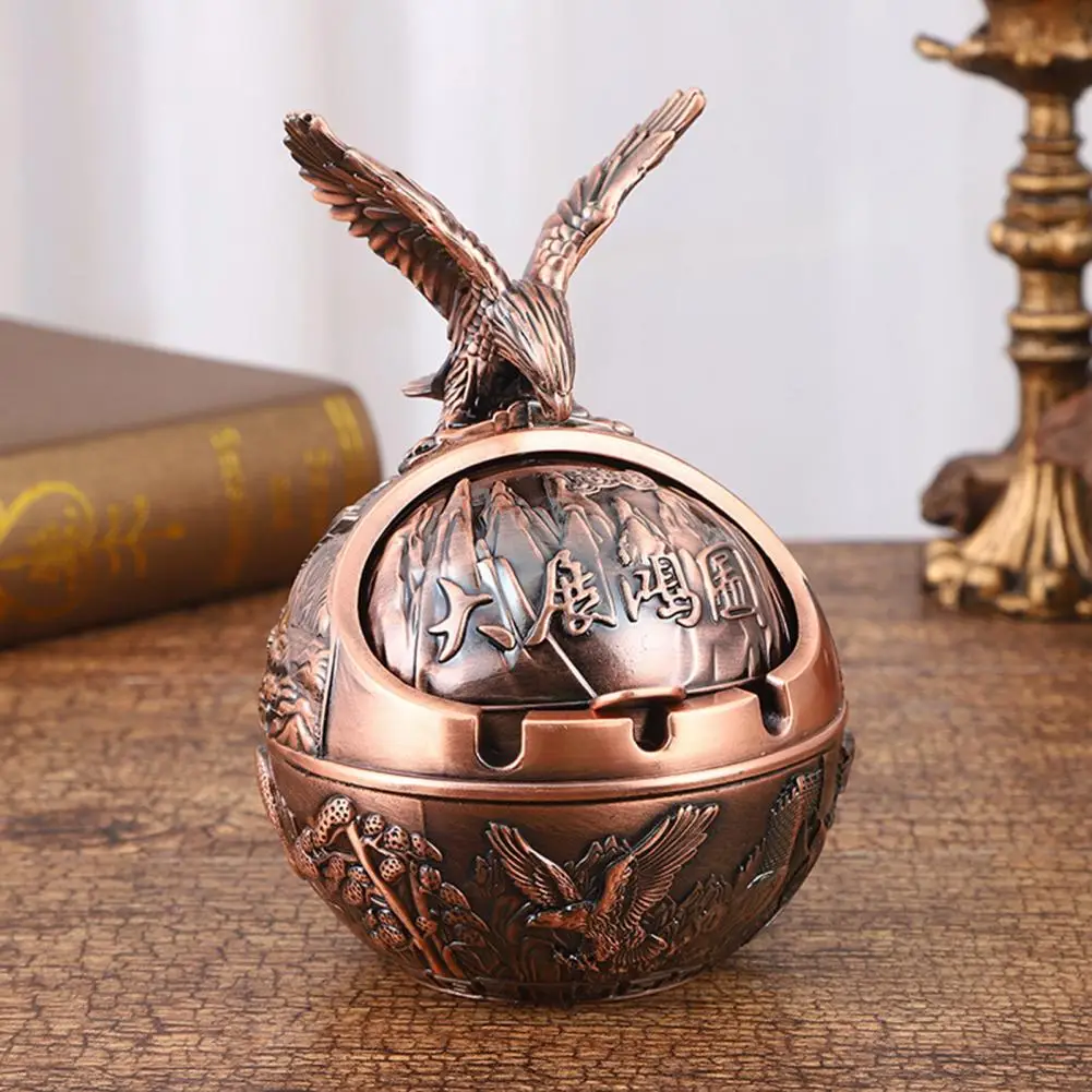 Vintage Ash Tray with Lid Blessing Words Grooved Design Windproof Metal Globe Cigarettes Ashtray Globe Ashtray Table Decoration