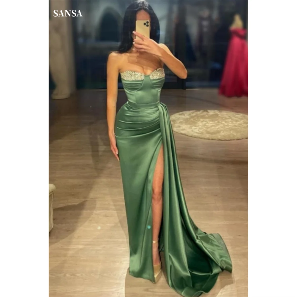 

Sansa Green Strapless Satin فساتين السهرة Beaded Top Mermaid Prom Dress Elegant Sleeveless Sexy Side Split Vestidos De Noche