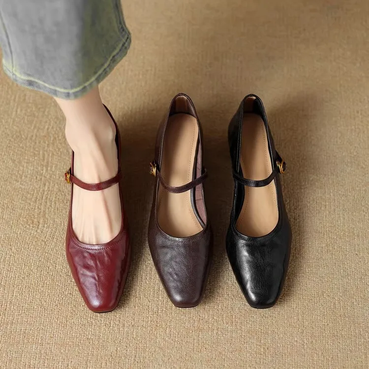 Zapatos de tacón alto de boca poco profunda de cuero, zapatos Mary Jane Vintage franceses, tacones medios tricolores vino, zapatos individuales de primavera para mujer