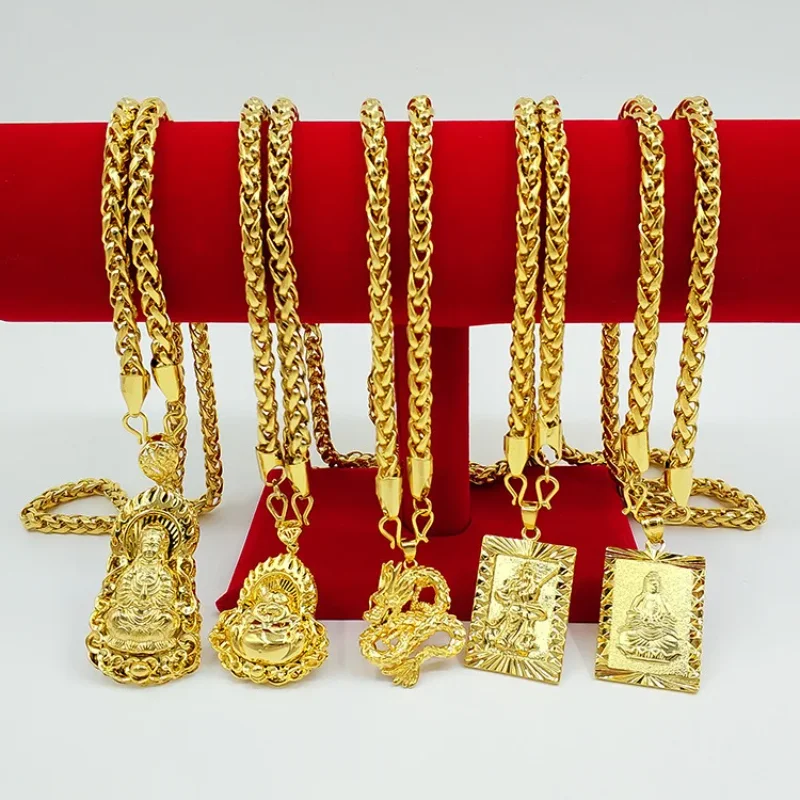 9999 Real Gold 24K Gold Jewelry, Gold Men's Jewelry Necklace with Hollow Guanyin Golden Dragon Brand