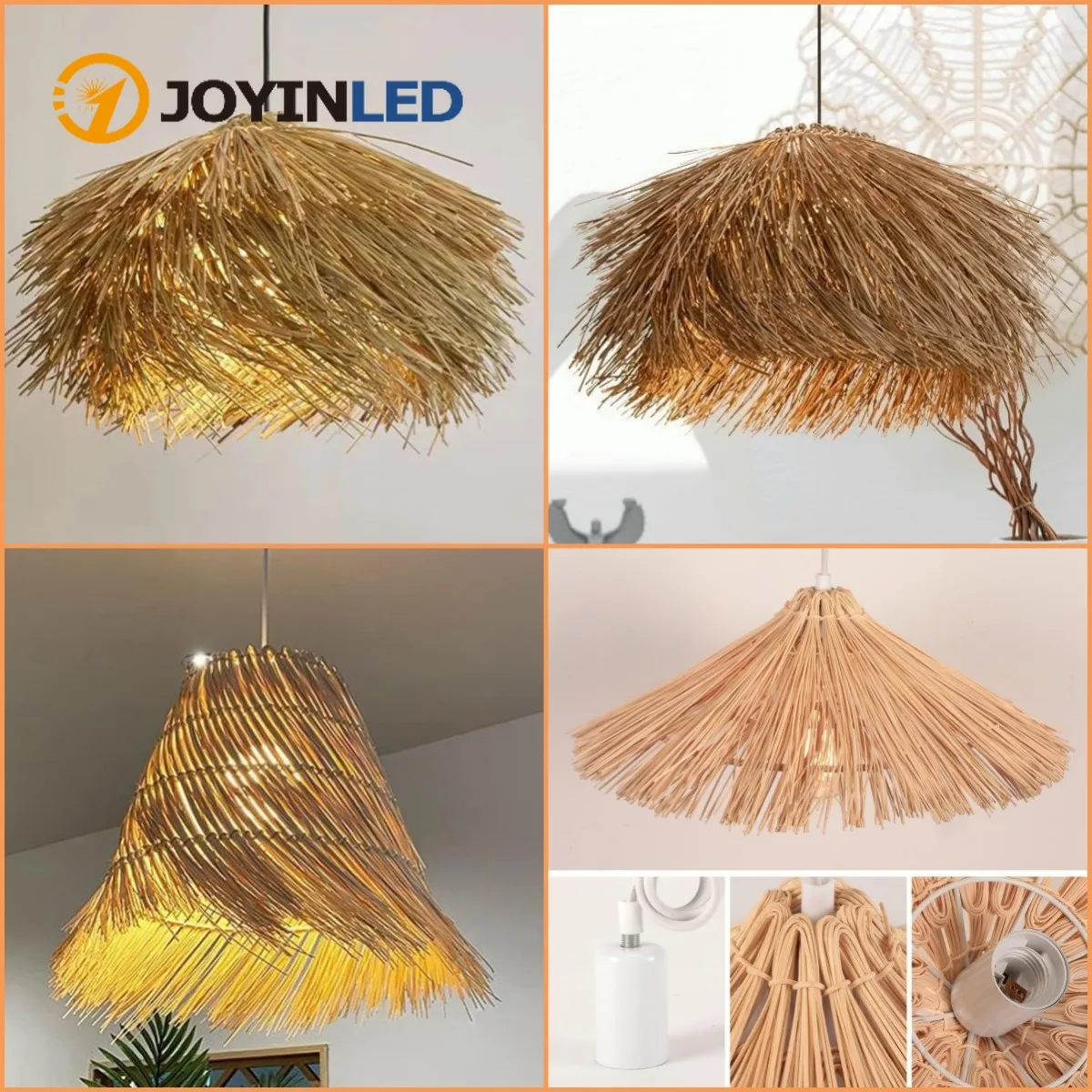 

JOYINLED Handwoven Rattan Chandelier, 50cm E27 Retro Farmhouse Pendant Light for Restaurant Bar Bedroom Hallway