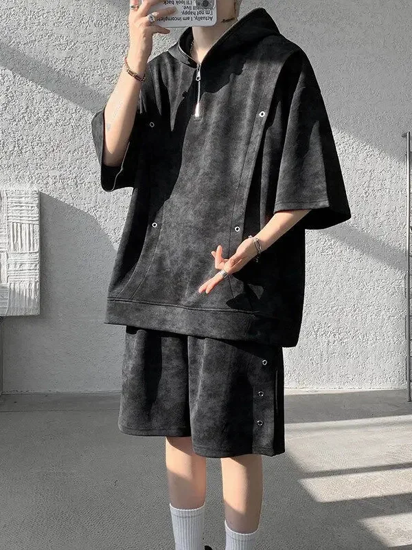 Conjunto de Camiseta e Shorts Estilo Americano Tie Dye de Manga Curta para Homens, Casual de Verão, Tamanho Grande, Versátil