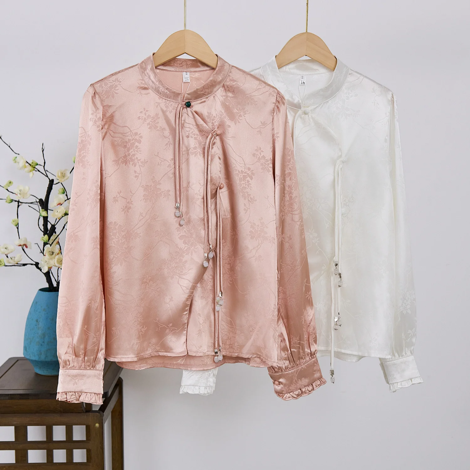 Chinese Style Women's Shirt Imitation Silk Disc Button Petal Sleeves Top Long Sleeve Temperament Fashion Celebrity Shirts