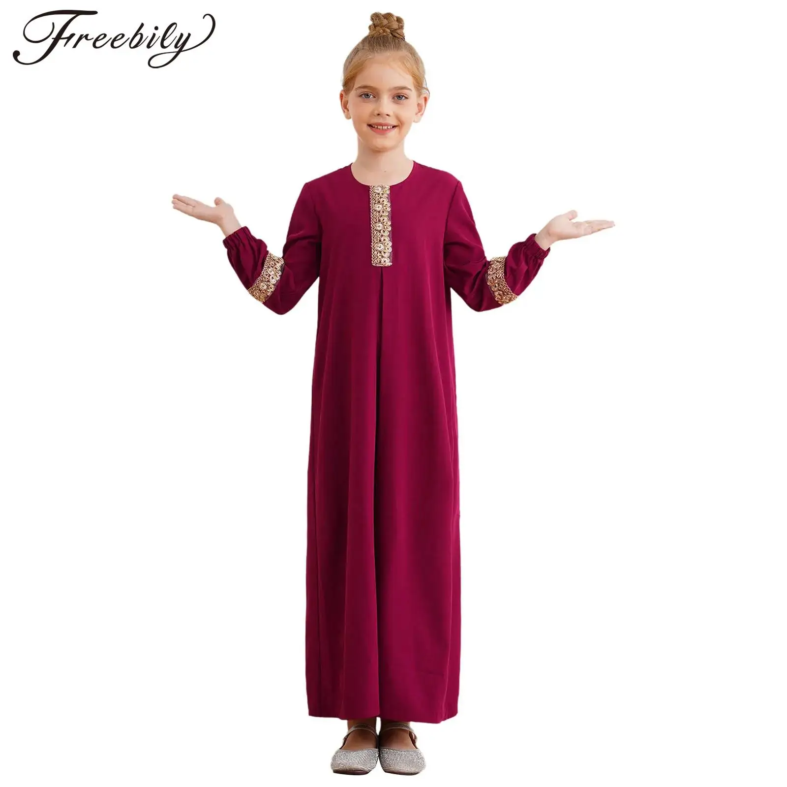 Girls Full Length Muslim Dresse Long Sleeve Abaya Prayer Clothes Loose Kaftan Maxi Gown for Ramadan Theme Party Masquerade