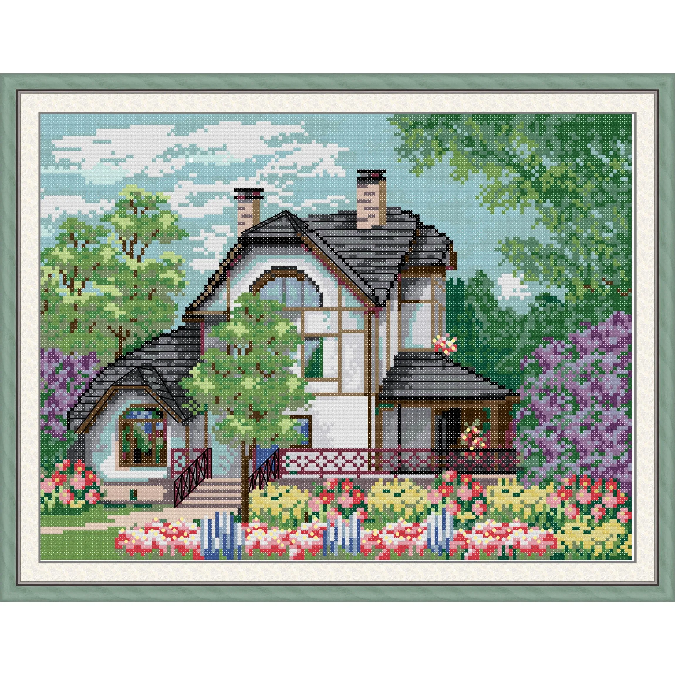 

Soulgift News Pre-Printed Cross Stitch Kit, Stamped Aida Fabric with DMC Threads, Embroidery kit - Manor Scenery