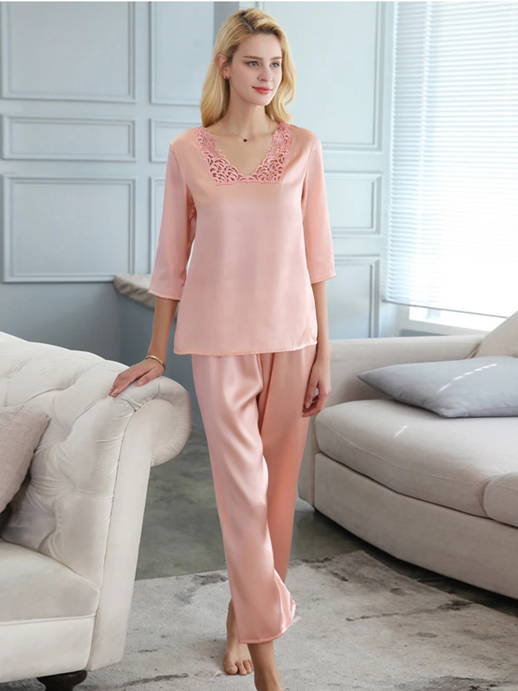 Birdtree 100%Mulberry Silk Pajama Set Seven-point Sleeves Solid Color Breathable Comfortable Lace Sexy Loungewear New S30530QD