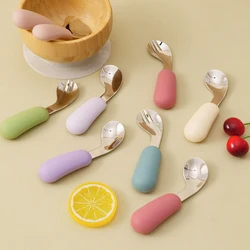 2PCS Baby Silicone Stainless Steel Fork Spoon Feeding Set Portable Kids Training Weaning Tableware Toddler Utensils Baby Stuff