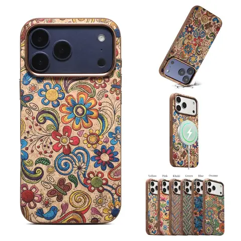 Denior Floral Cork Phone Case For iPhone 16 17 18 Pro Max 18 Pro 17 16 Compatible with MagSafe Shockproof Protective Back Cover
