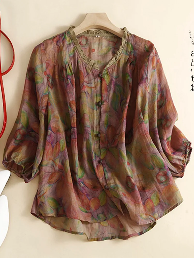 

Свободный женский льняной irt ort Sve, винтажный кружевной принт, хлопок и лен, повседневный винтажный Sle, для поездок на работу, с v-образным вырезом на пуговицах