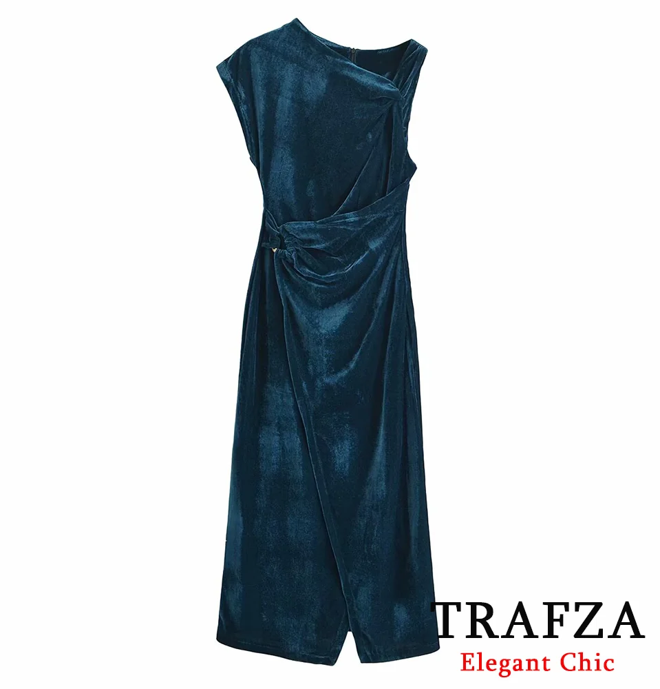 TRAFZA-vestido Midi de terciopelo Vintage para mujer, vestido romántico turquesa con manga asimétrica, nuevo vestido de cena glamuroso para primavera y verano 2024