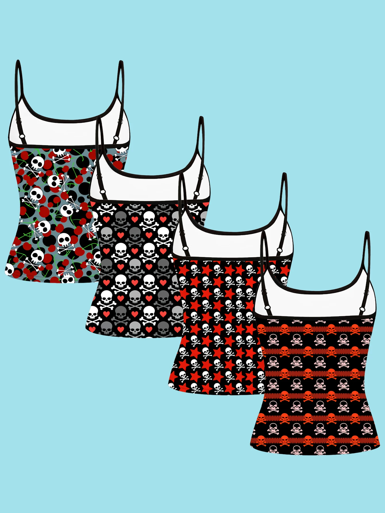 4-Piece Set of Red and Black Contrasting Color Skull Camisole Tops for Women, Y2K Style with Rose Heart, Star, and Stripe Designs, Slim Fit Spaghetti Strap Tops