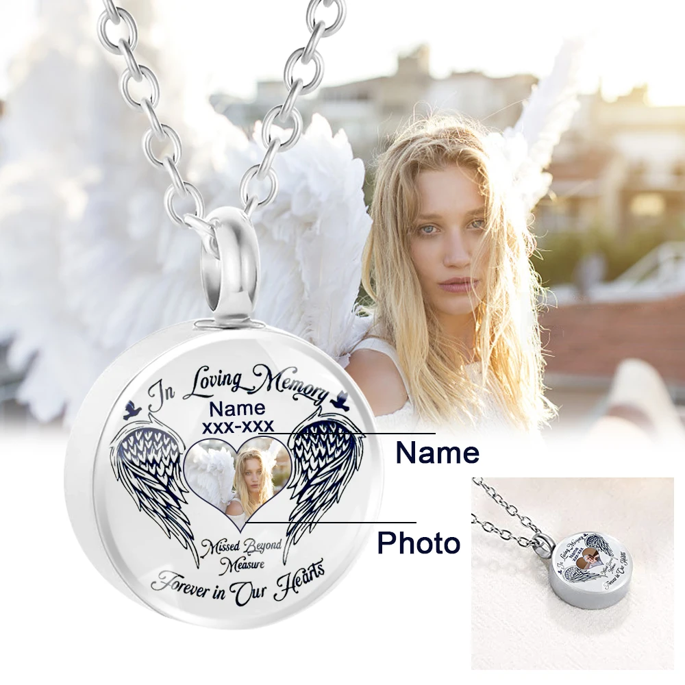 Angle Wings Round Urn Necklaces for Ashes Personalizd Cremation Jewelry for Ashes Memory Jewelry for Women Men-Photo Customiz