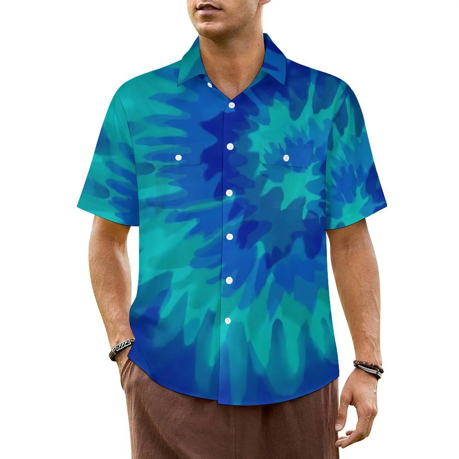 

Blue Vibrant Tie Dye Beach Shirt Male Retro Swirl Print Elegant Casual Shirts Hawaiian Short Sleeve Streetwear Oversize Blouses