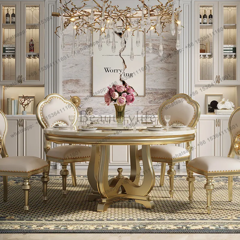 

American Style Light Luxury Solid Wood Frame Dining Table European Marble Leather Round Dining Table Chair Set Villa Furniture