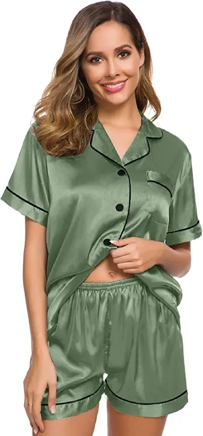 Satin Pajamas Women\'s Short Sleeve Sleepwear Soft Silk Button Down Loungewear Pjs Shorts Set S-XXL