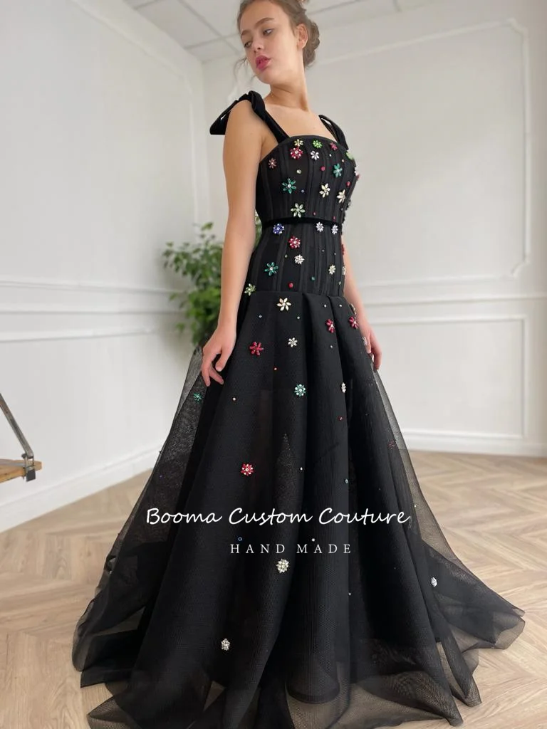 Booma Schwarz Mesh Net Tulle A-linie Prom Kleider Spaghetti-trägern Kristalle Samt Schärpen Lange Abendkleider Formale Party Kleider