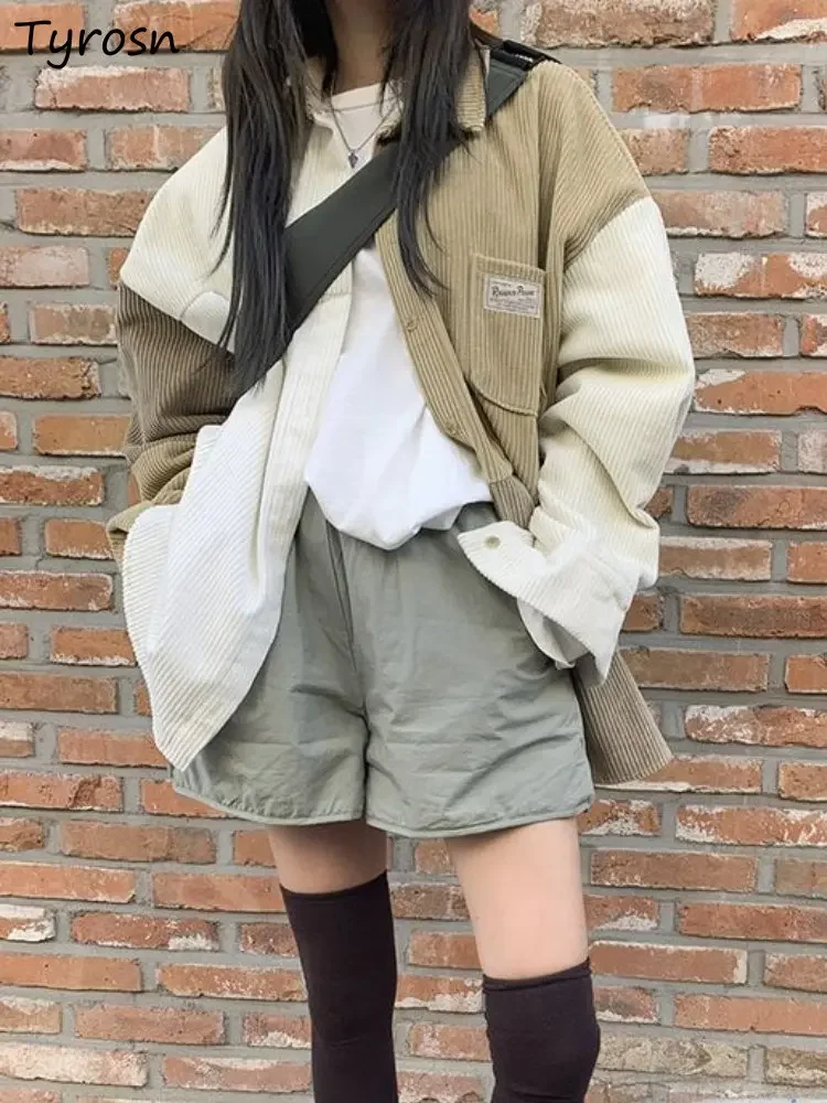 

Corduroy Jackets Women Spliced Design Unisex Loose Personality All-match Korean Style Retro Streetwear Casual Daily Autumn Chic