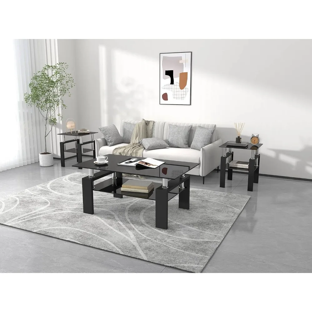 طقم طاولة زجاجية حديثة مكونة من 3 قطع مع إطار معدني أسود وطاولة قهوة من الزجاج المقسى #5