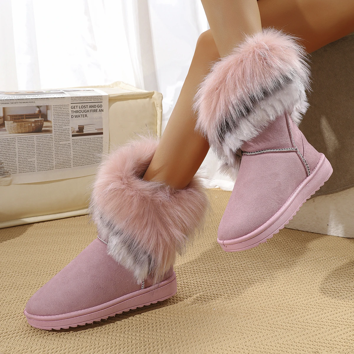 Damen-Winterstiefel bis zum Knie, mit Fell gefüttert, Baumwollschuhe, Freizeit-Flachschuhe, runde Zehen, Gummisohle, einfarbig – Detail 12