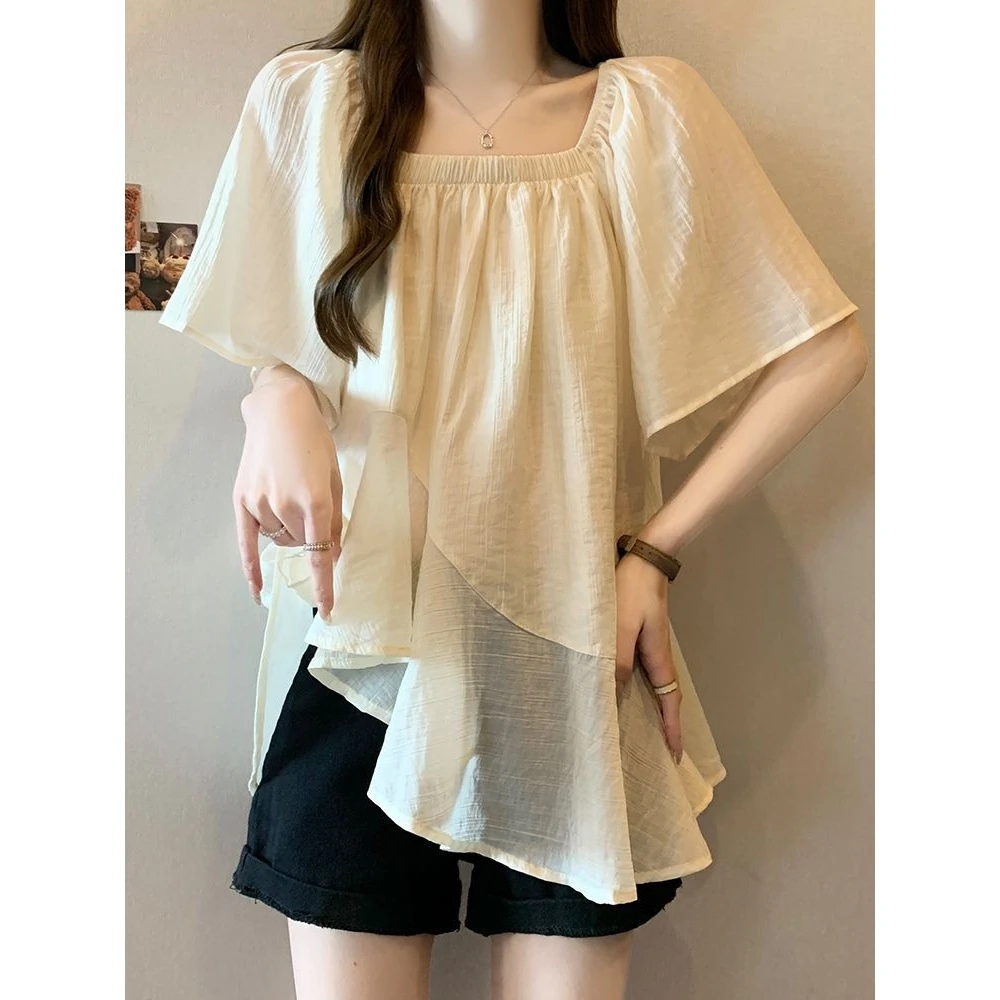 

plus Size Women's Square Collar Asymmetrical ort Sve Chiffon Top Summer Loose Slimming Lace Trimmed Loose Fit Blouse