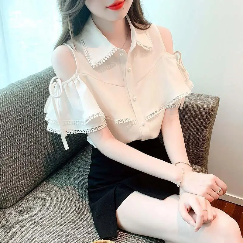 Spring Summer New Fashion Elegant Polo Neck Short Sleeve Blouse Casual Versatile Western Commuting Solid Clothing Women's Shirts