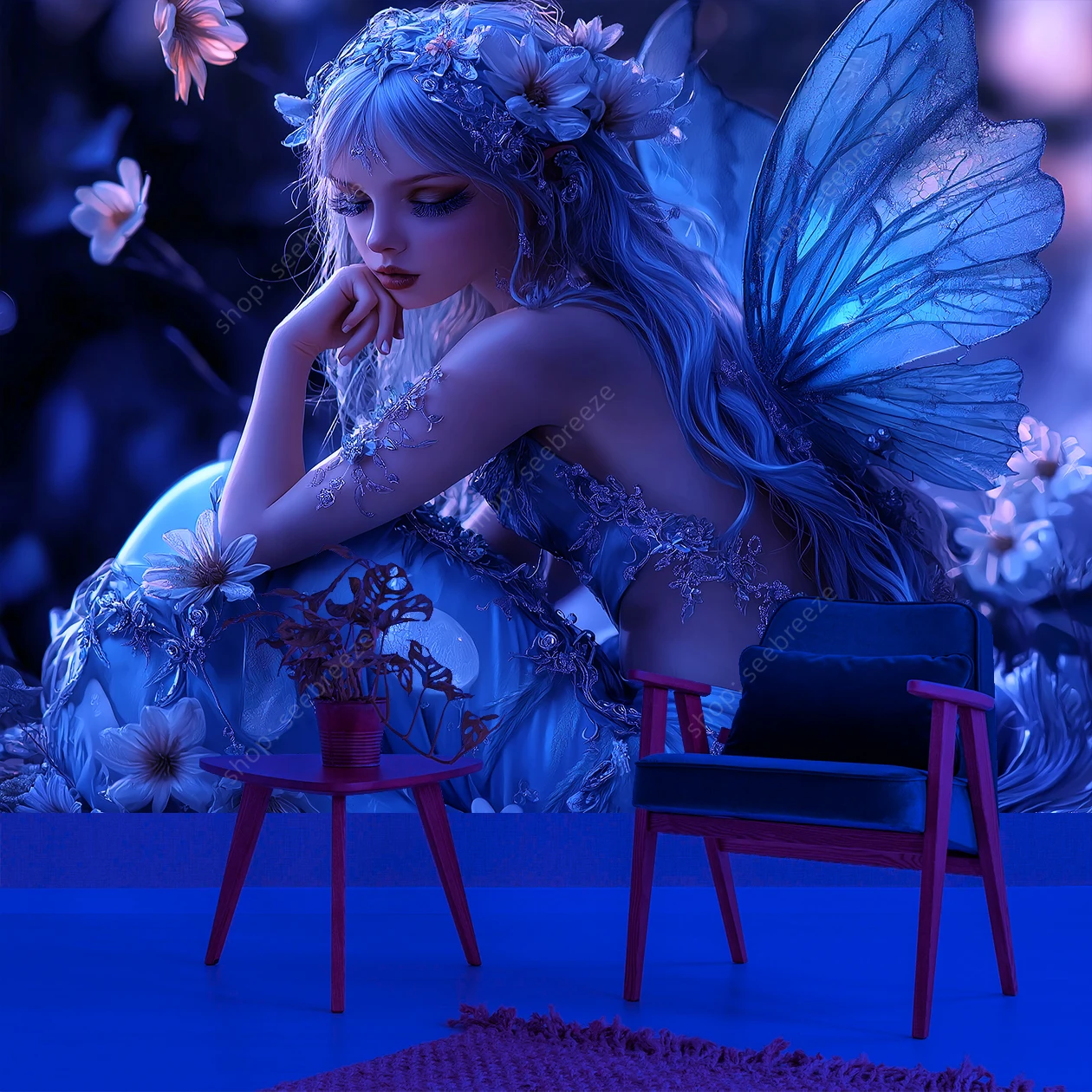 نسيج الأشعة فوق البنفسجية الساحر Elven Fantasy مع ملابس زرقاء جليدية أجنحة حساسة ديكور منزلي سحري لغرفة النوم وغرفة المعيشة والمكتب #3