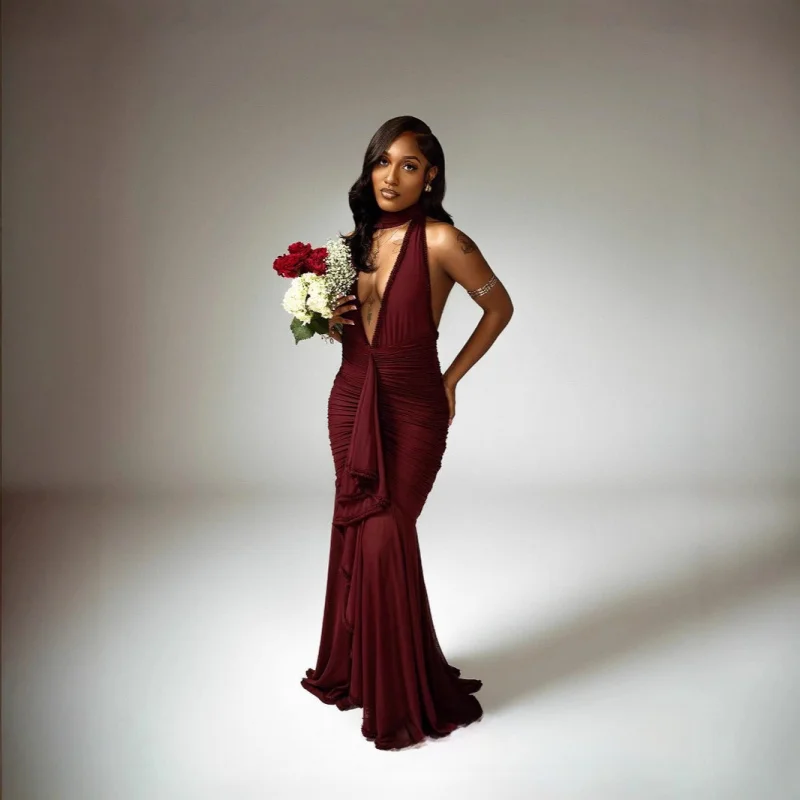 

Elegant Burgundy Lace Trim Straight Halter Neck Deep VVSexy Dress Holiday Evening Dress