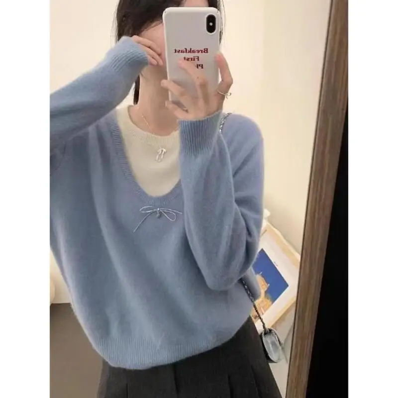 เสื้อกันหนาวฤดูใบไม้ร่วงและฤดูหนาว เสื้อกันหนาวสไตล์เกาหลี สีตัดกัน ฤดูใบไม้ร่วงและฤดูหนาว ทรงสั้น รุ่นหวาน เสื้อกันหนาวหวาน รุ่นใหม่