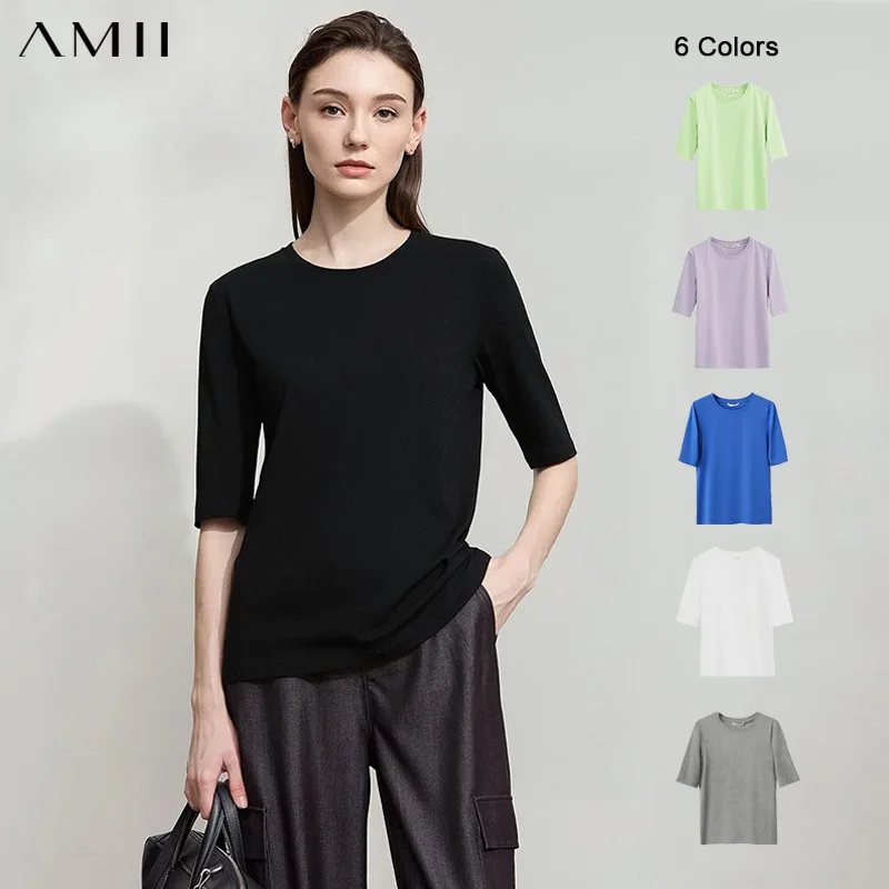 

Женская хлопковая футболка Amii, новинка лета 2026, с круглым вырезом, однотонная, с рукавом до локтя, универсальная, для офиса, эластичная, повседневная, 12622148