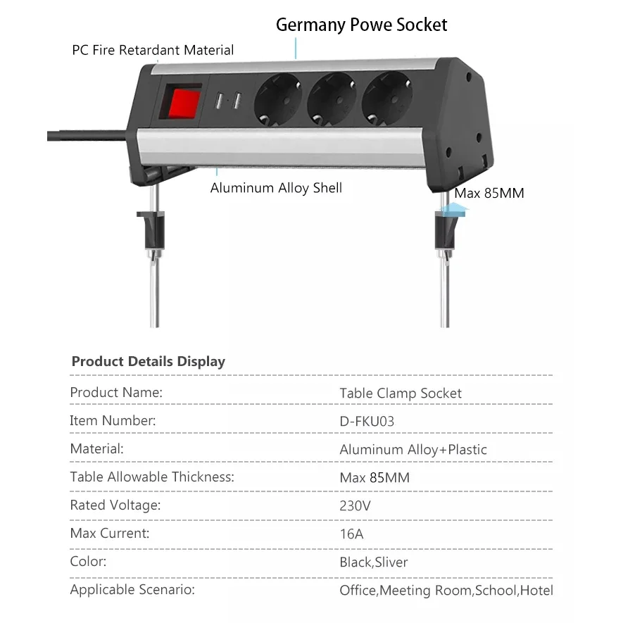 Gniazdo stołowe Melery 3 sposoby Wtyczki elektryczne Gniazda Zacisk na stole konferencyjnym Gniazda wtykowe UE Port USB dla niemieckich Biuro domowe