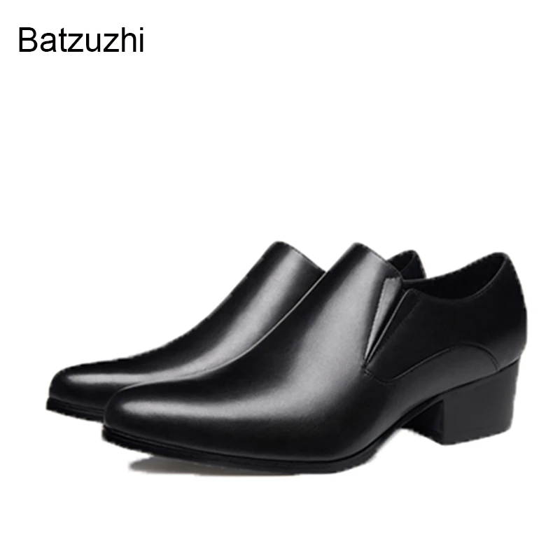 Batzuzhi 5CM High-heeled Men\'s Shoes Pointed-toe Men\'s Leather Shoes Cowhide Heightened Fashion Shoes Men Black Zip, Sizes 36-44