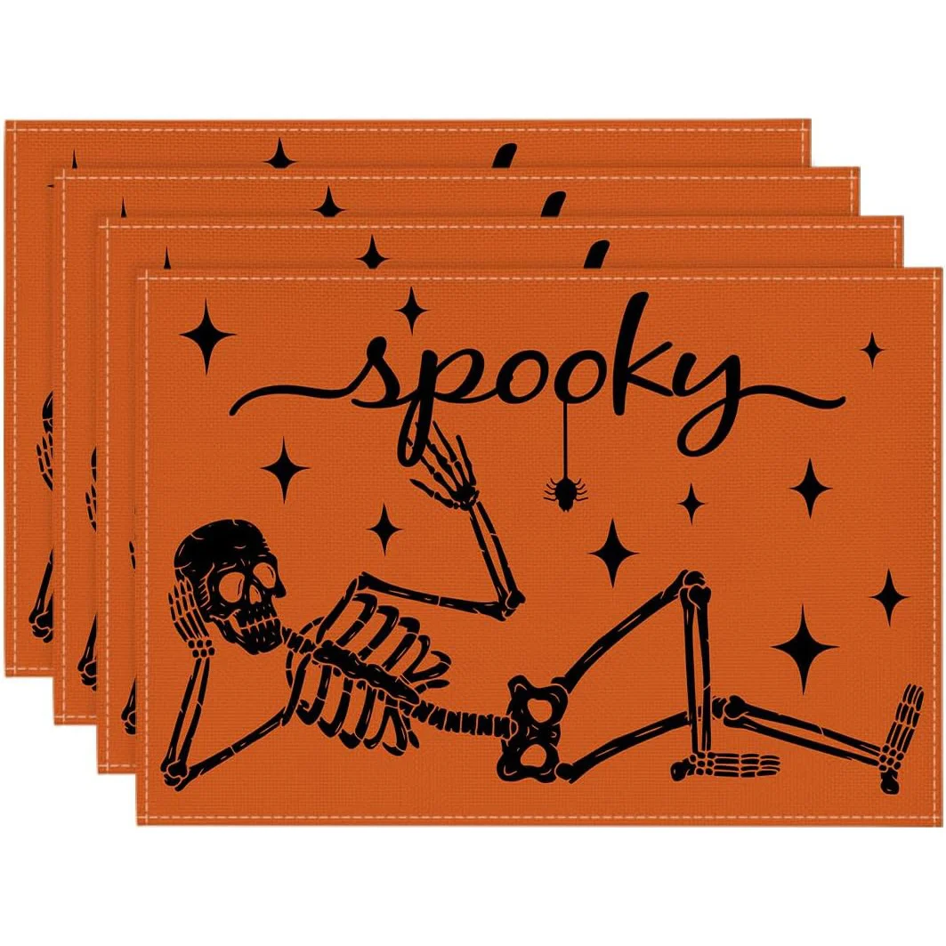 Spooky Skeleton Spider Star Halloween Print Rectangular Placemats  Set Fall Holiday Farmhouse Kitchen Dining Table Decor Mats