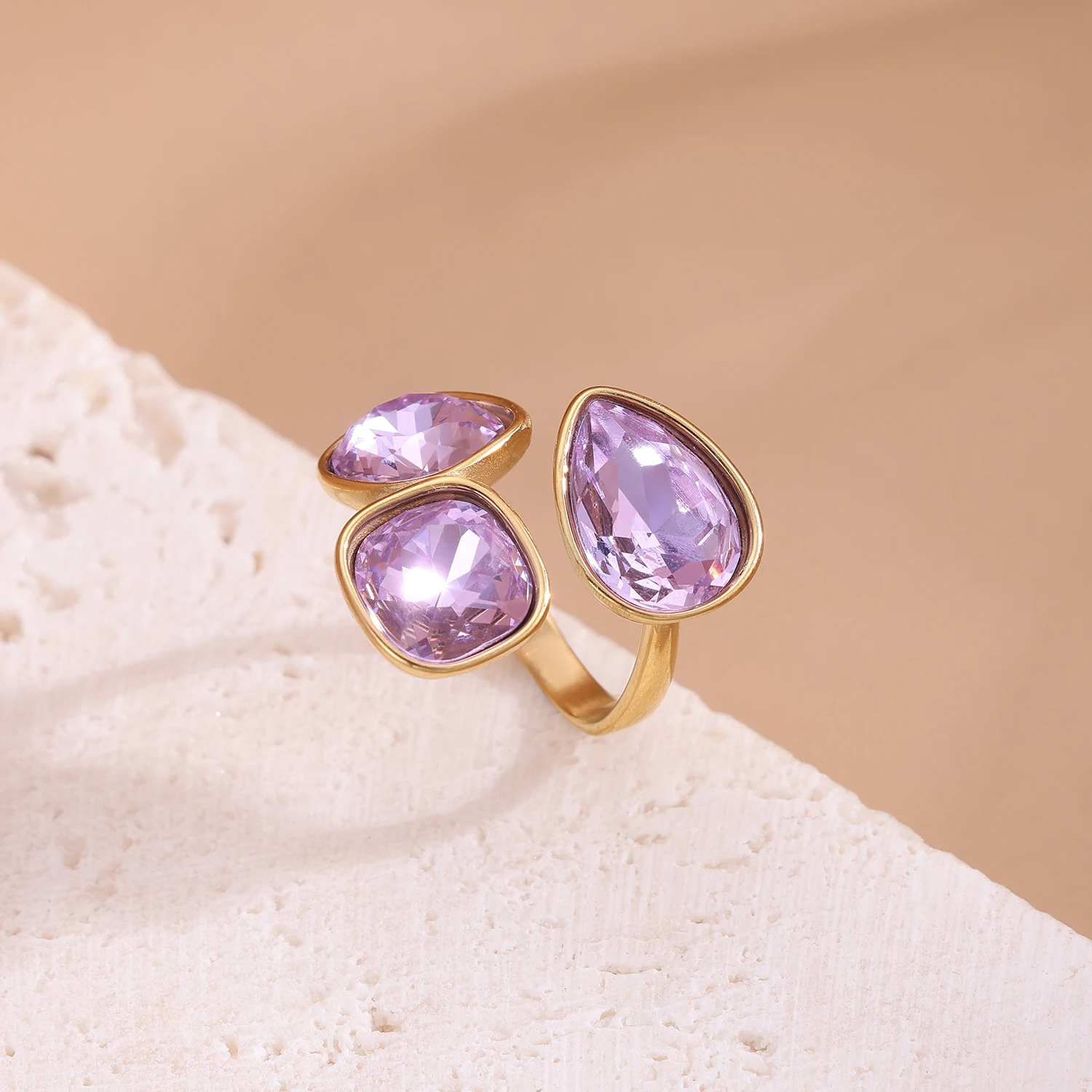 18k gold color stainless steel ring with crystal ring for women light luxury high-grade color open stainless steel