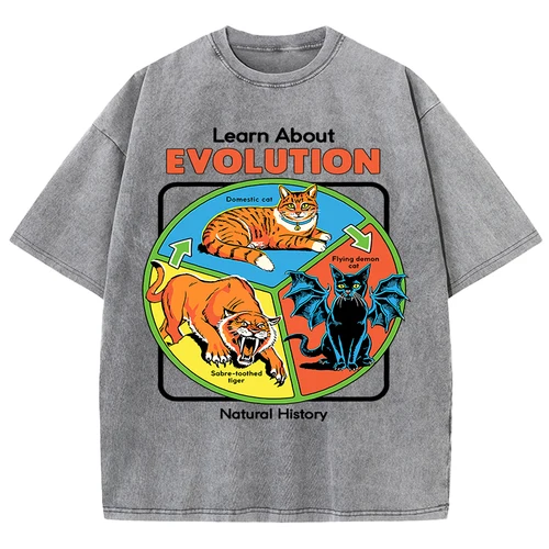 Camiseta lavada con patrón de la evolución de gatos para mujer, camisetas transpirables de verano con cuello redondo, camisetas suaves holgadas de algodón de manga corta