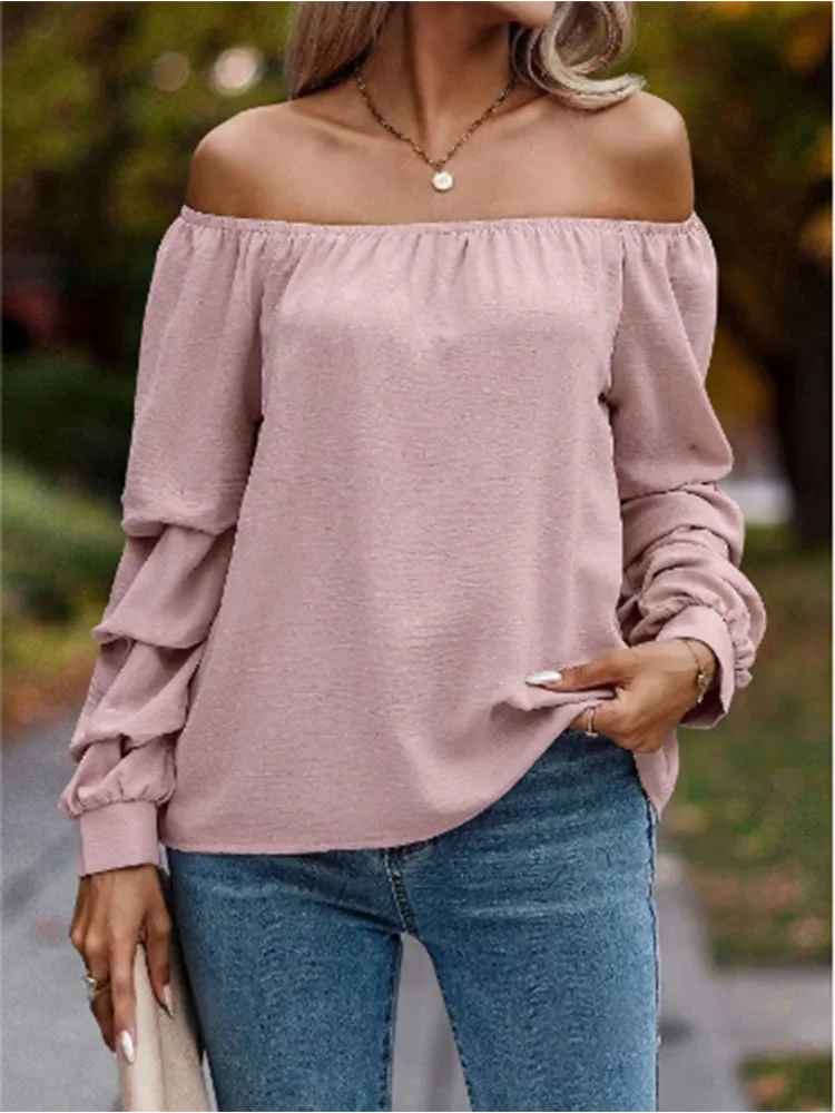 Nice Sexy Long Sleeve Solid Color Off Shoulder Top Women's Folding Sleeves T-Shirt Elegant Casual Autumn Party Clothes