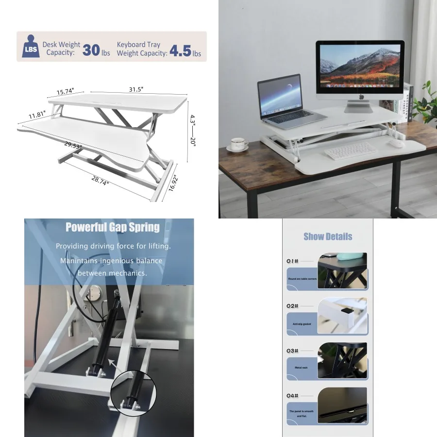 32 Inch Desk Converter Height Adjustable Sit to Stand Riser Dual Monitor and Laptop Workstation with Wide Keyboard Tray Standin