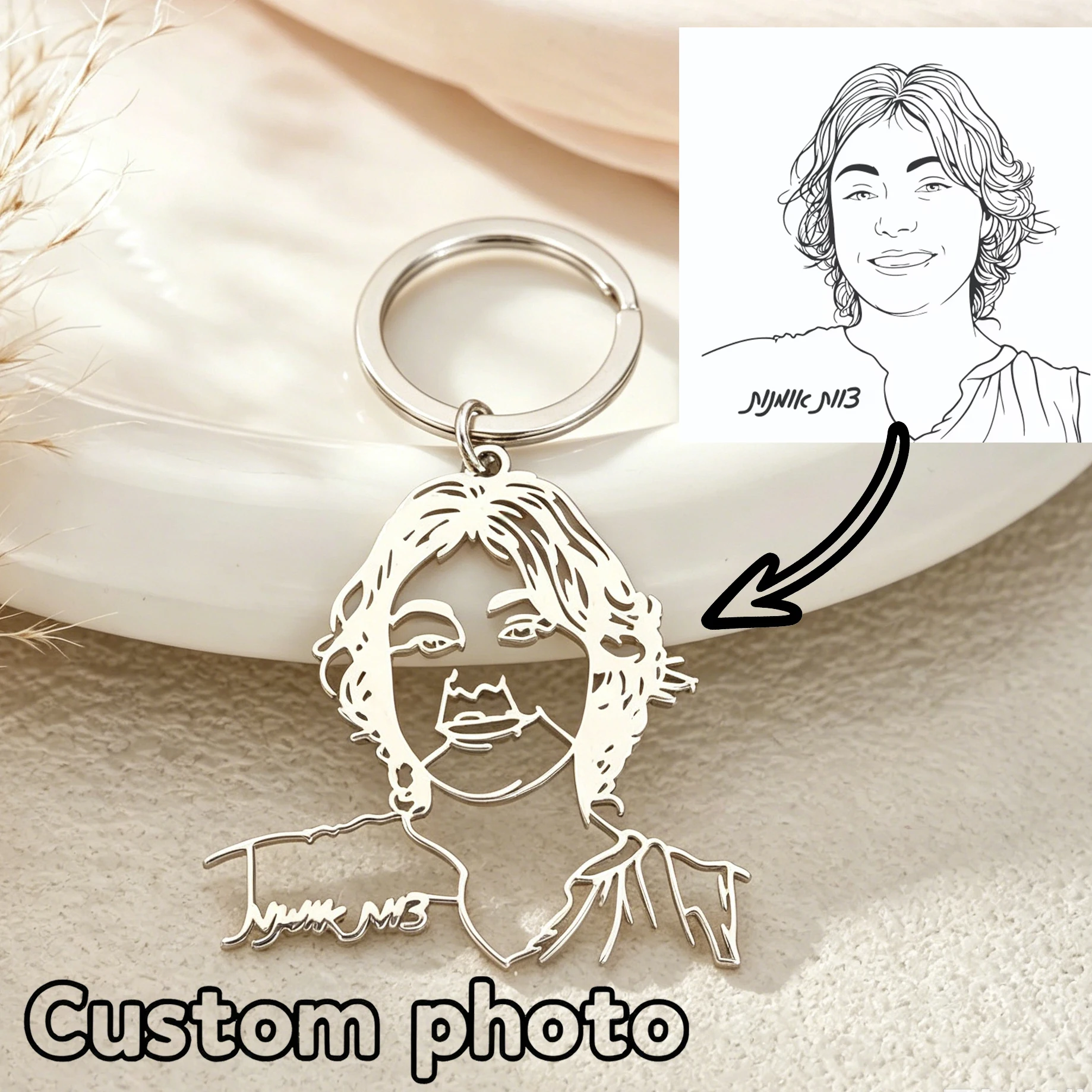 

Custom Stainless Steel Keychain Personalized Photo Line Art Portrait Keyring Customized Name Couple Gift for Men Anniversary