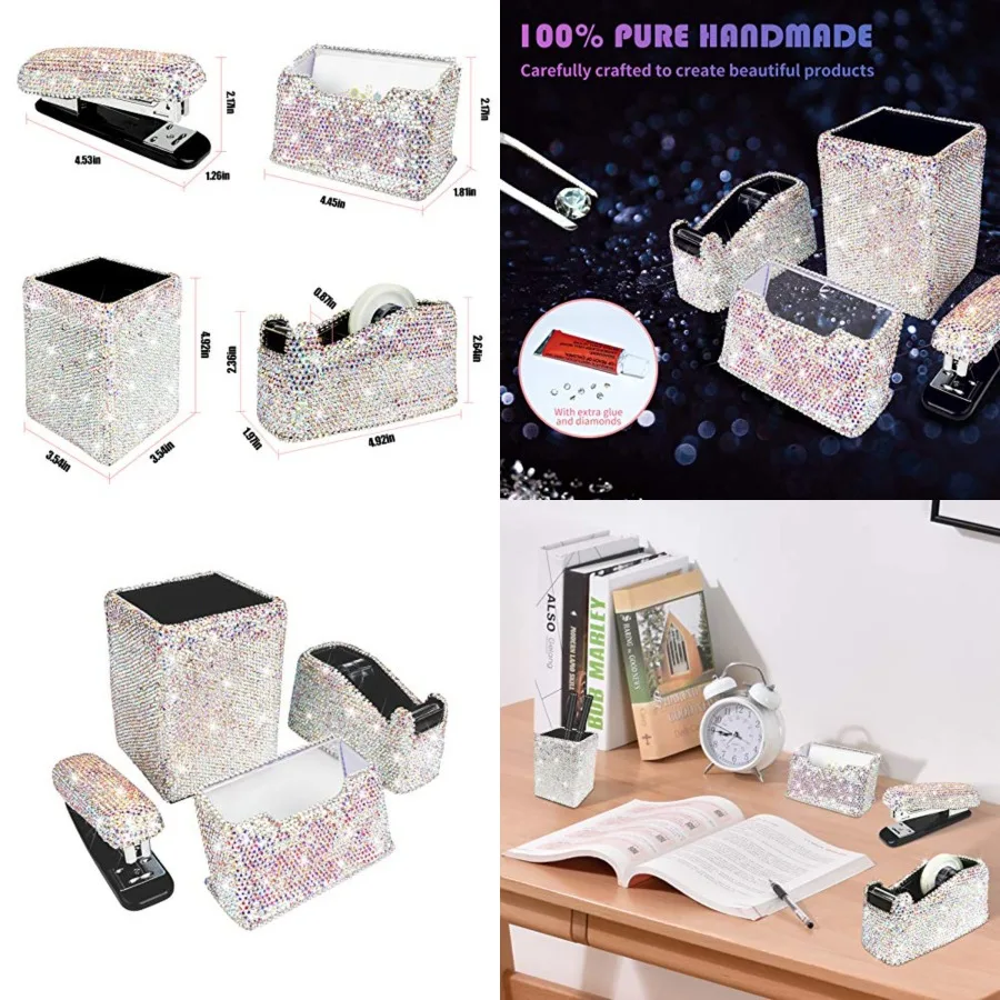 

Bling Crystal Luxury Handmade Diamond Square Pencil Pen Pot Holder and Stapler and Card Holder and Desktop Tape Dispenser Offic