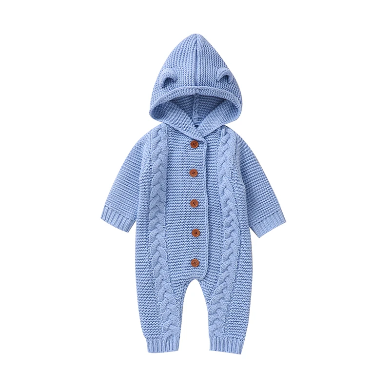 

Knitted Acrylic Fried Dough Twist Pattern Baby Boys & Girls Autumn & Winter Rompers Hooded Long Sleeve Newborn Infant Bodysuit