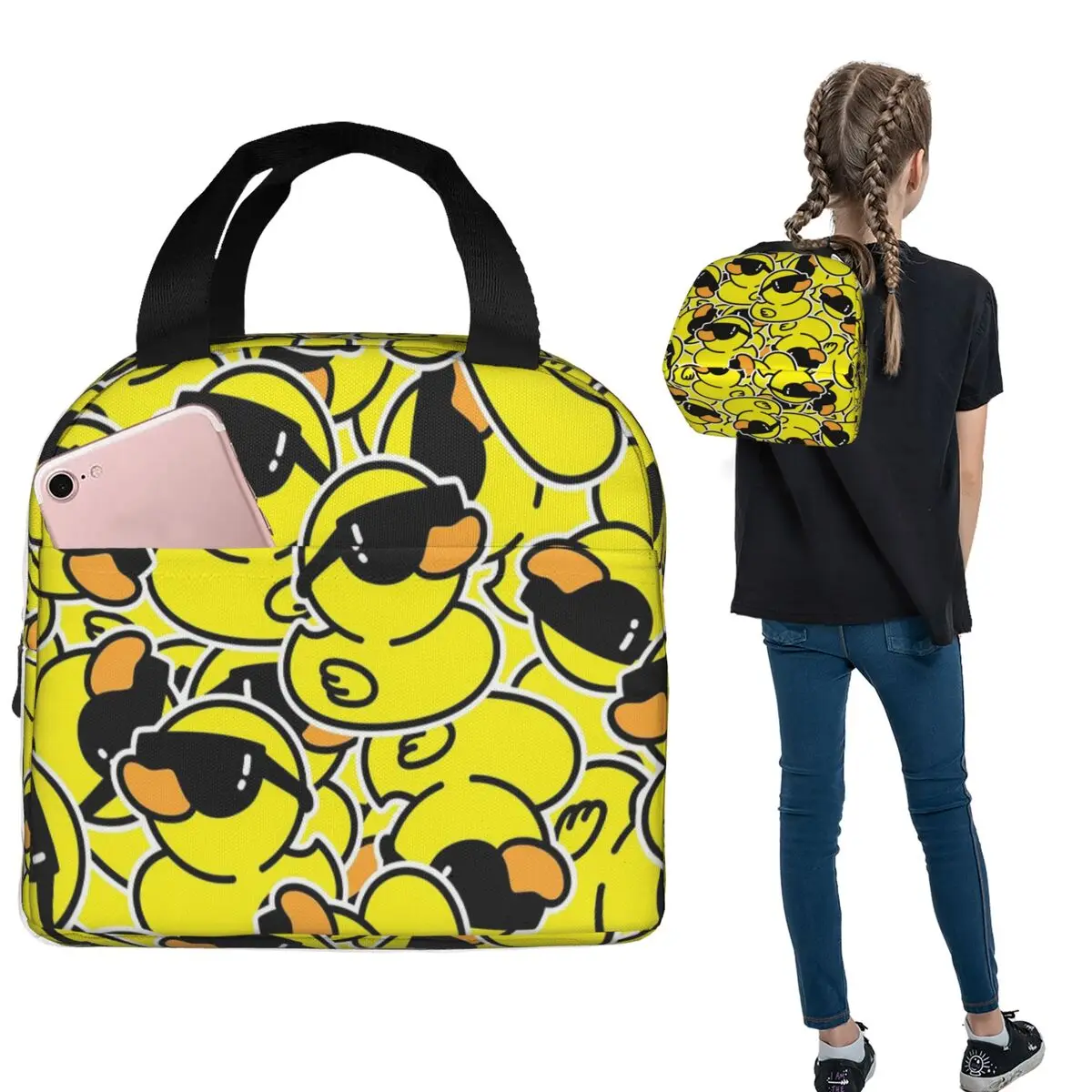 Gelbe klassische isolierte Lunchtasche mit Gummi-Entenmotiv für Damen und Kinder, tragbare Lebensmittelboxen, Thermo-Lunchbox-Tragetasche