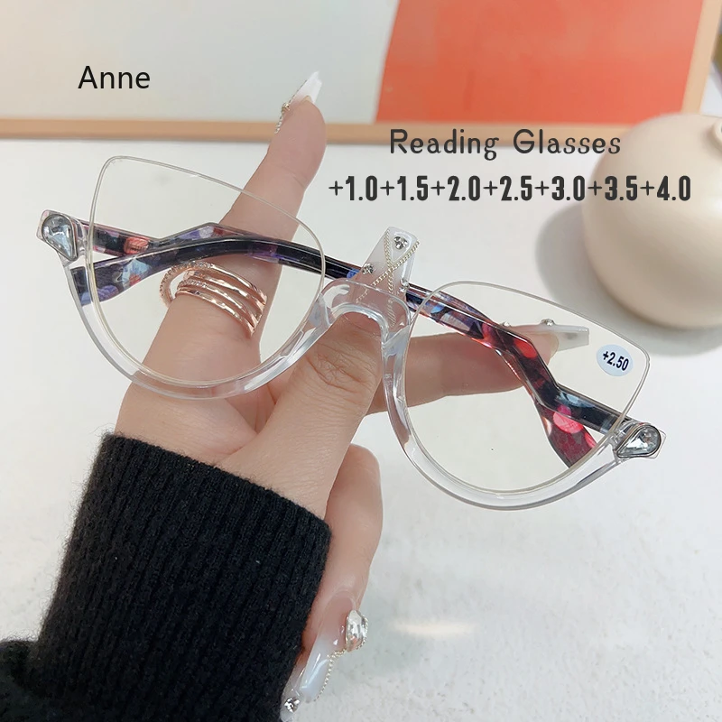 Lady Half Frame Crystal Reading Glasses Fashion Cat Eyes Presbyopia Eyeglasses Europe&America Blocking Blue Light Eyewear gafas