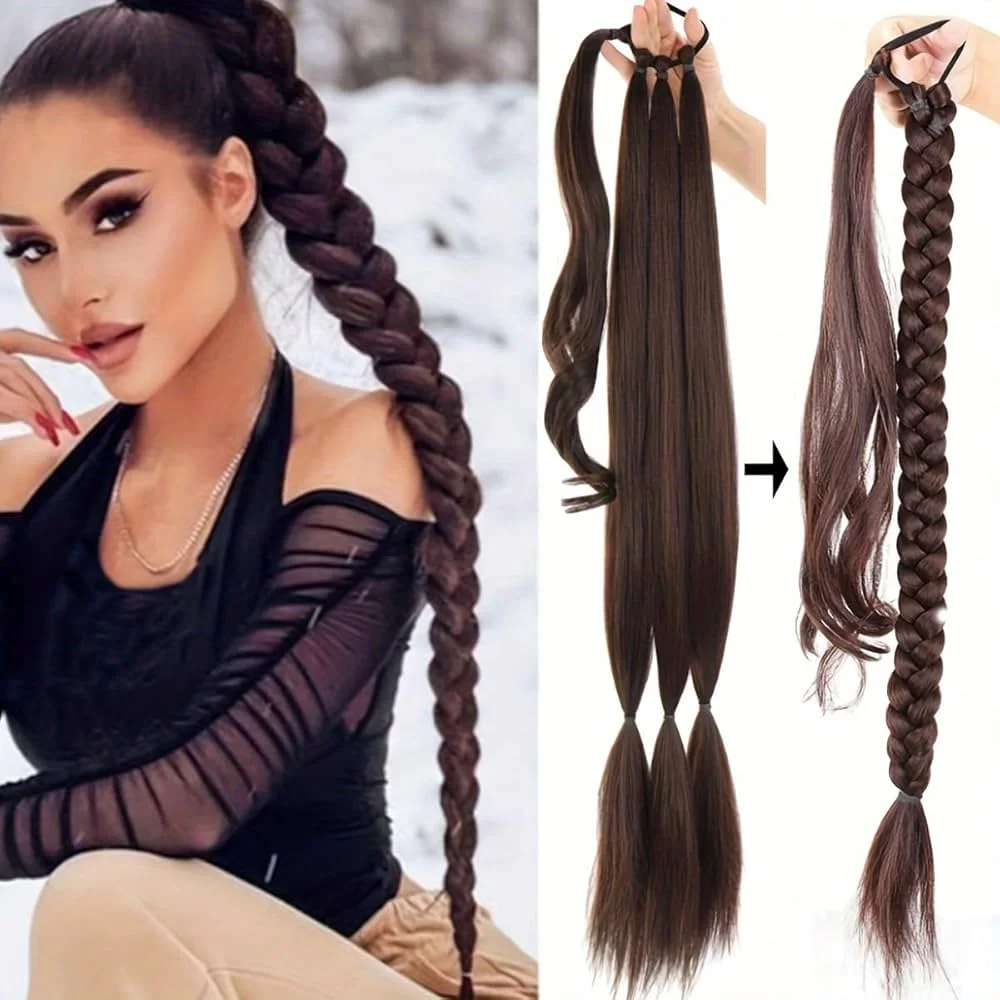 30inches Synthetic Long Braided Ponytail Hair Extensions with Black Rubber Band Hairpiece Pony Tail for Women High Temperature