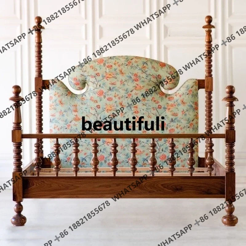 New vintage printed bed double Roman column bed furniture