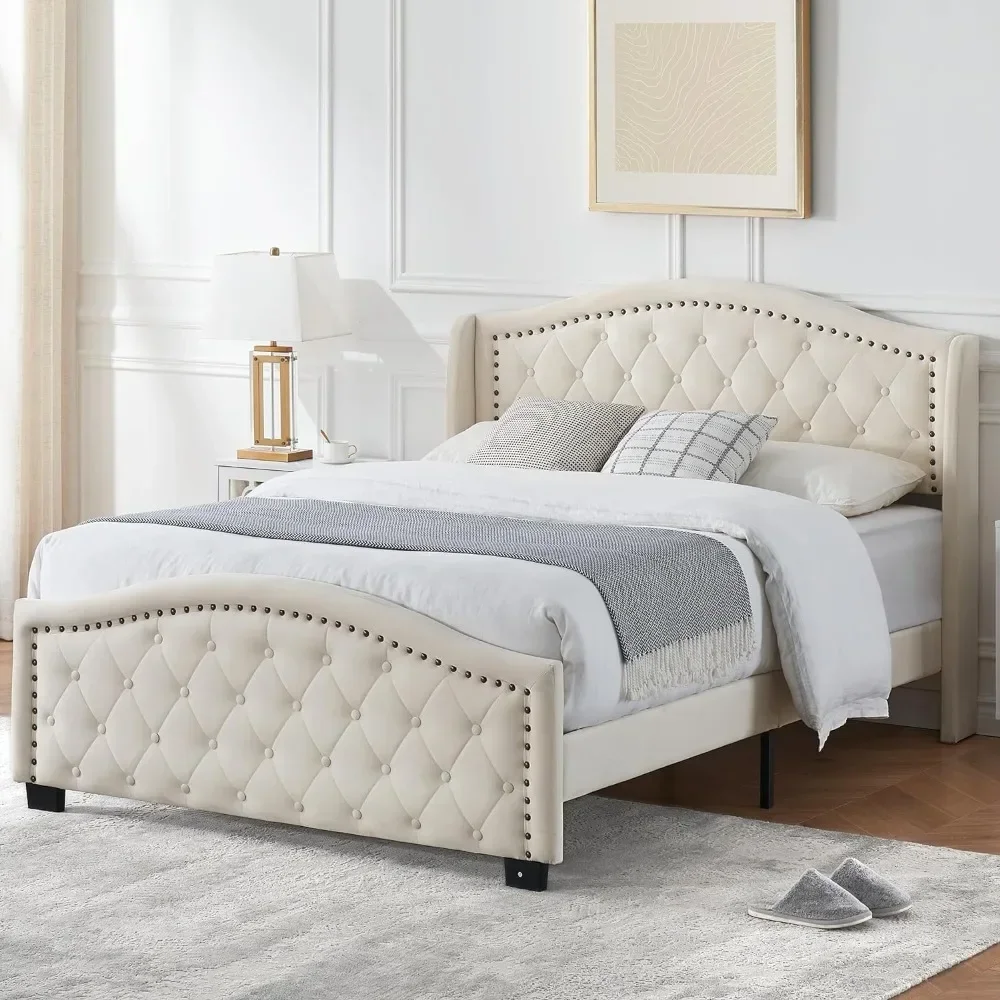 Queen Size Upholstered Platform Bed Frame with Tall Headboard 47.2