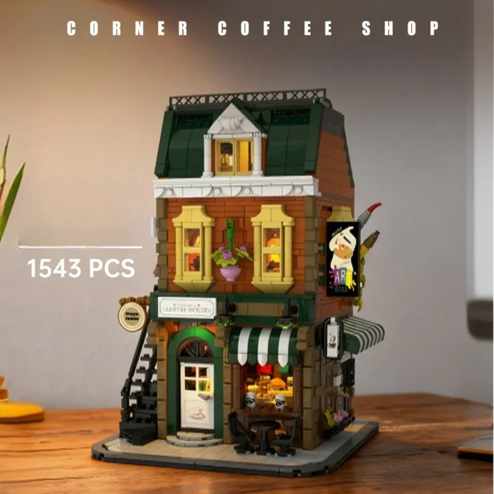 MOC City Corner café boutique blocs de construction ensemble moderne café maison magasin Architecture jouets pour enfants anniversaire vacances cadeaux