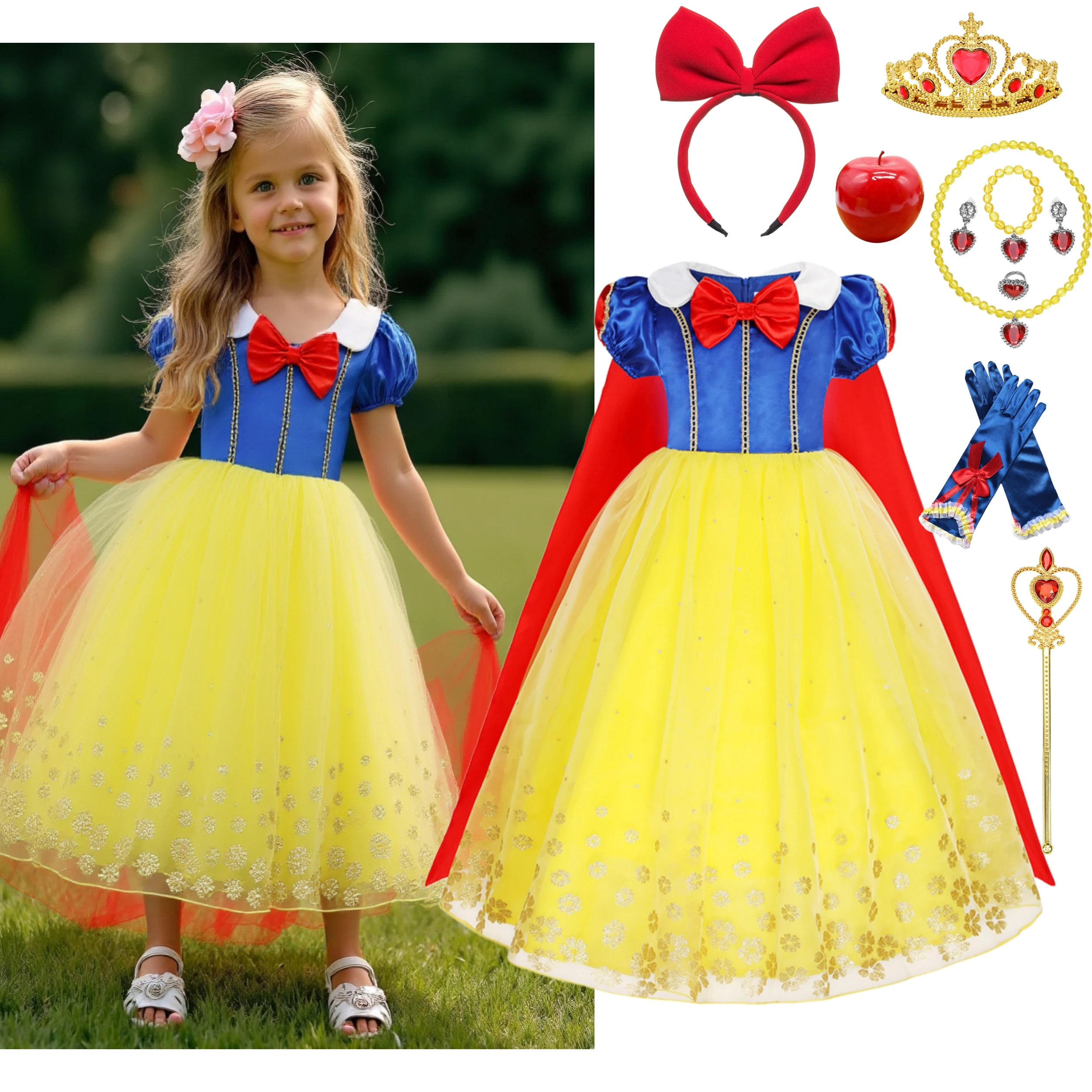 Snow White Costume Set with Crown for Girls Princess Dress Kids Halloween Party Carnival Cosplay Outfit Toddler Children 2-8Y